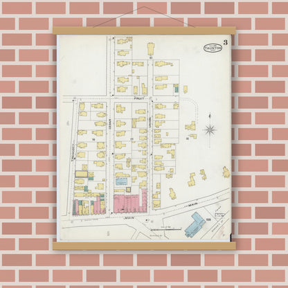 Old map wall art mockup — magnetic wood frame on brick wall — Sanborn Fire Insurance Map from Taunton, Bristol County, Massachusetts (1893), Sheet #0003