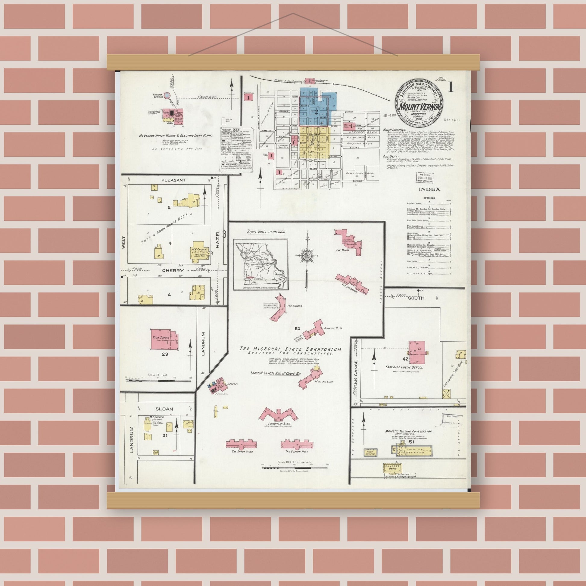 Old map wall art mockup — magnetic wood frame on brick wall — Sanborn Fire Insurance Map from Mount Vernon, Lawrence County, Missouri (1918) - Complete Map Set