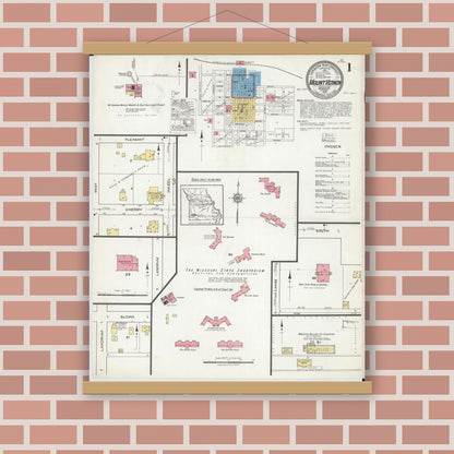 Old map wall art mockup — magnetic wood frame on brick wall — Sanborn Fire Insurance Map from Mount Vernon, Lawrence County, Missouri (1918) - Complete Map Set