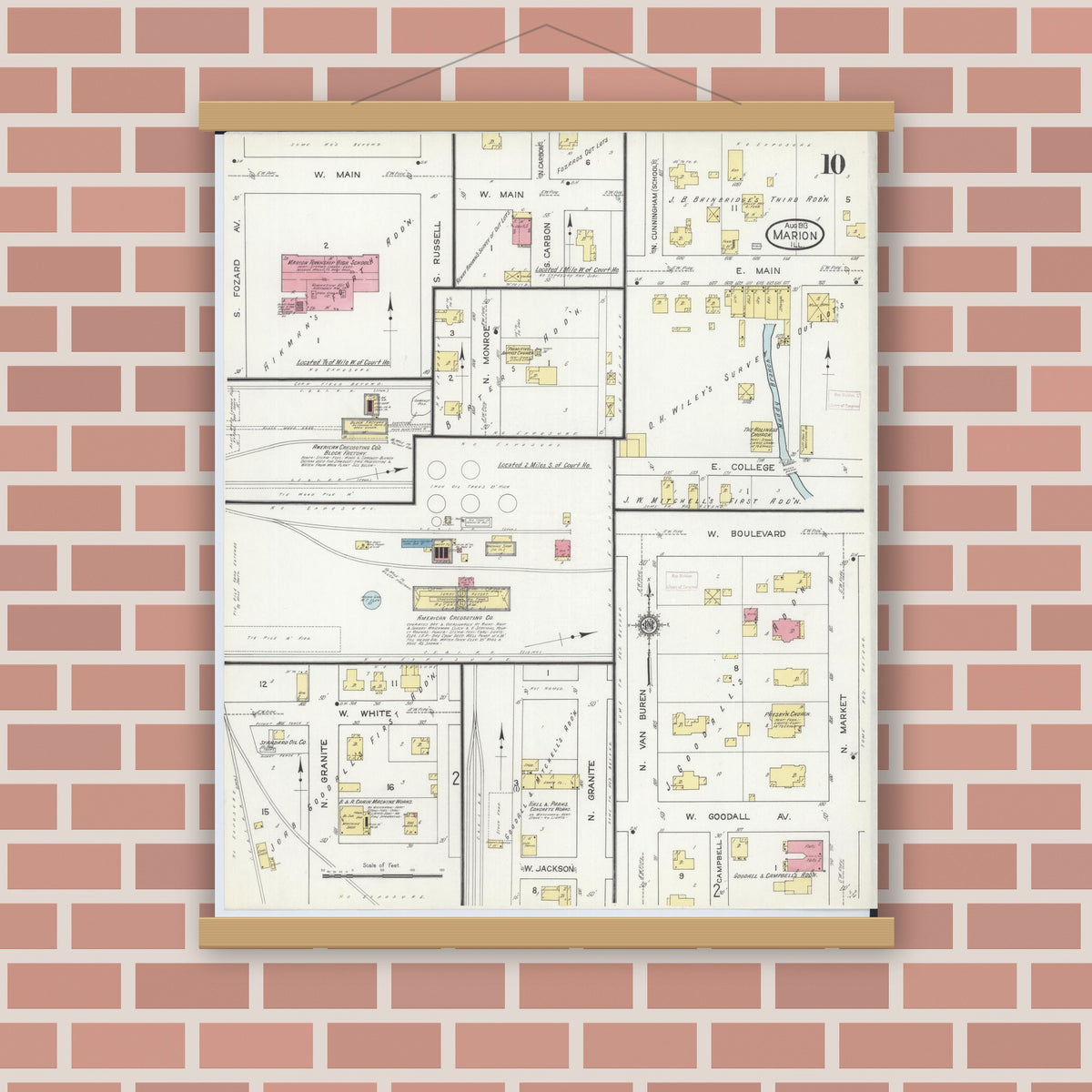 Old map wall art mockup — magnetic wood frame on brick wall — Sanborn Fire Insurance Map from Marion, Williamson County, Illinois (1913), Sheet #0010