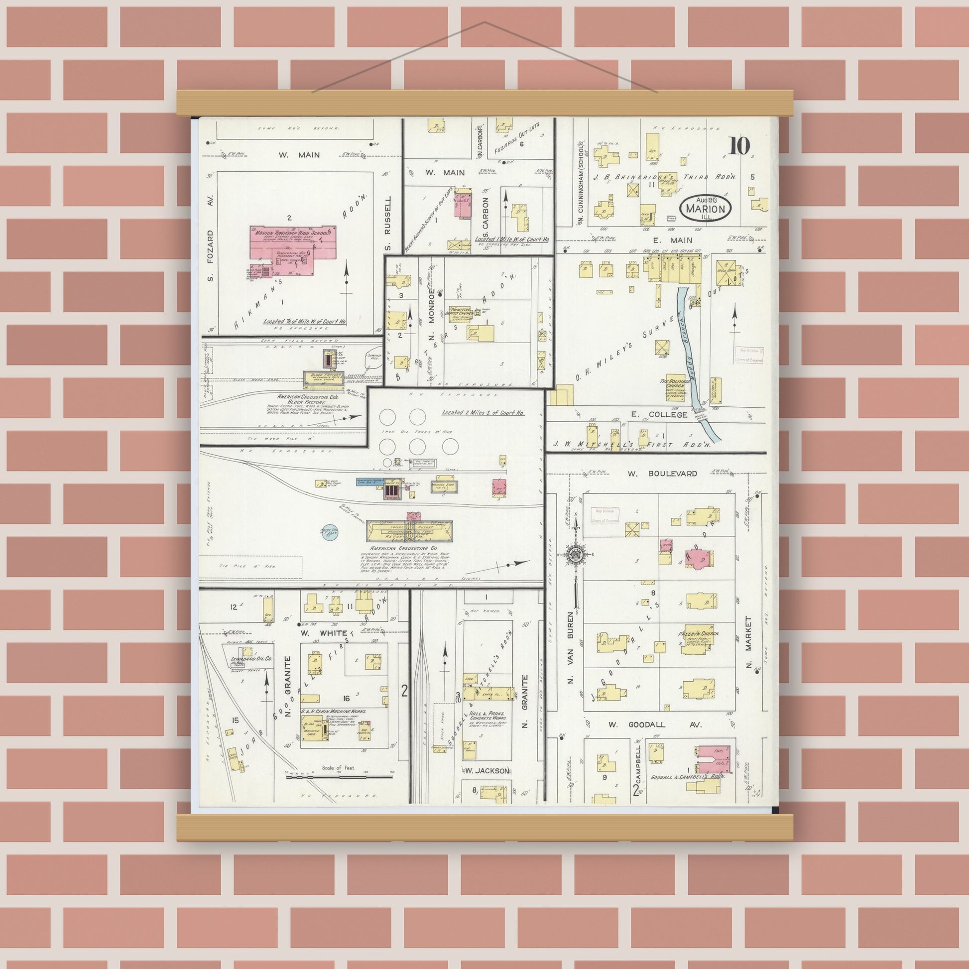 Old map wall art mockup — magnetic wood frame on brick wall — Sanborn Fire Insurance Map from Marion, Williamson County, Illinois (1913), Sheet #0010