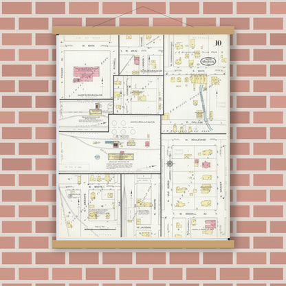 Old map wall art mockup — magnetic wood frame on brick wall — Sanborn Fire Insurance Map from Marion, Williamson County, Illinois (1913), Sheet #0010