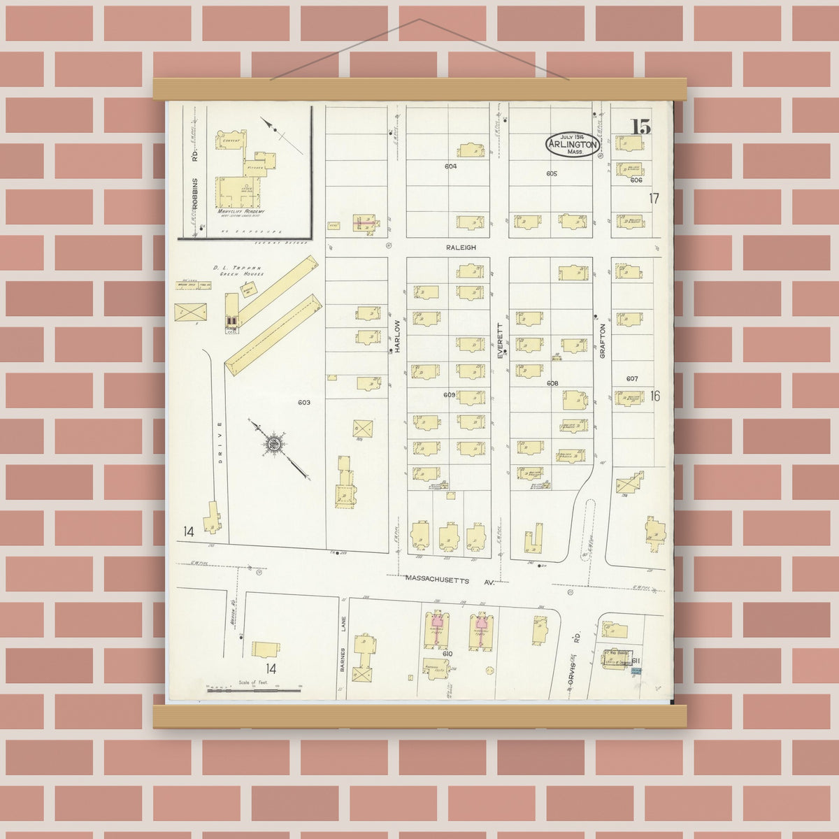 Old map wall art mockup — magnetic wood frame on brick wall — Sanborn Fire Insurance Map from Arlington, Middlesex County, Massachusetts (1914), Sheet #0015