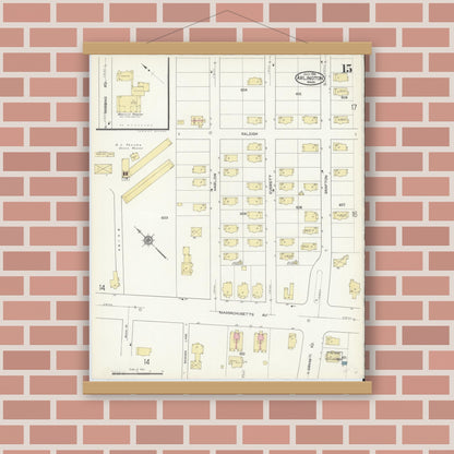 Old map wall art mockup — magnetic wood frame on brick wall — Sanborn Fire Insurance Map from Arlington, Middlesex County, Massachusetts (1914), Sheet #0015