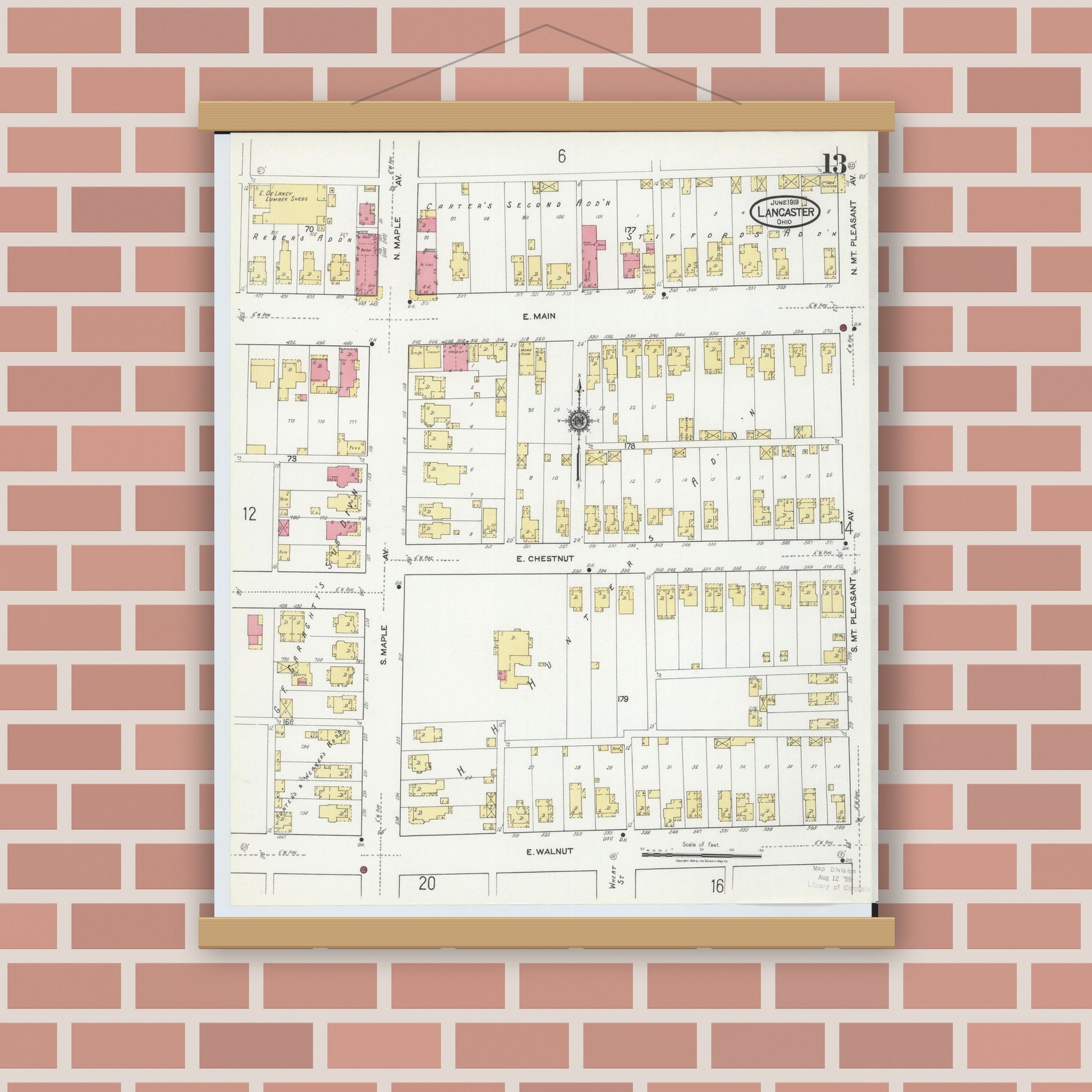Old map wall art mockup — magnetic wood frame on brick wall — Sanborn Fire Insurance Map from Lancaster, Fairfield County, Ohio (1919), Sheet #0013