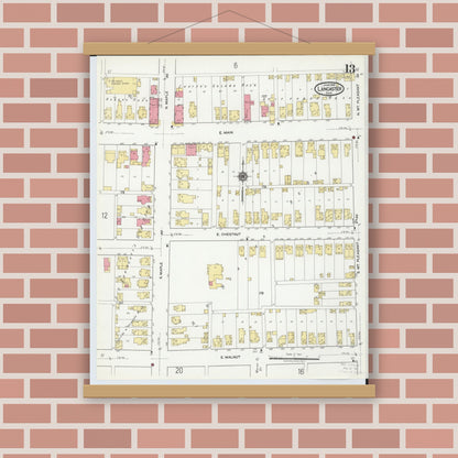 Old map wall art mockup — magnetic wood frame on brick wall — Sanborn Fire Insurance Map from Lancaster, Fairfield County, Ohio (1919), Sheet #0013