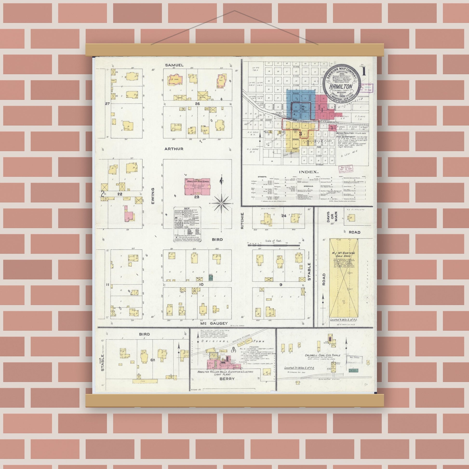 Old map wall art mockup — magnetic wood frame on brick wall — Sanborn Fire Insurance Map from Hamilton, Caldwell County, Missouri (1909) - Complete Map Set