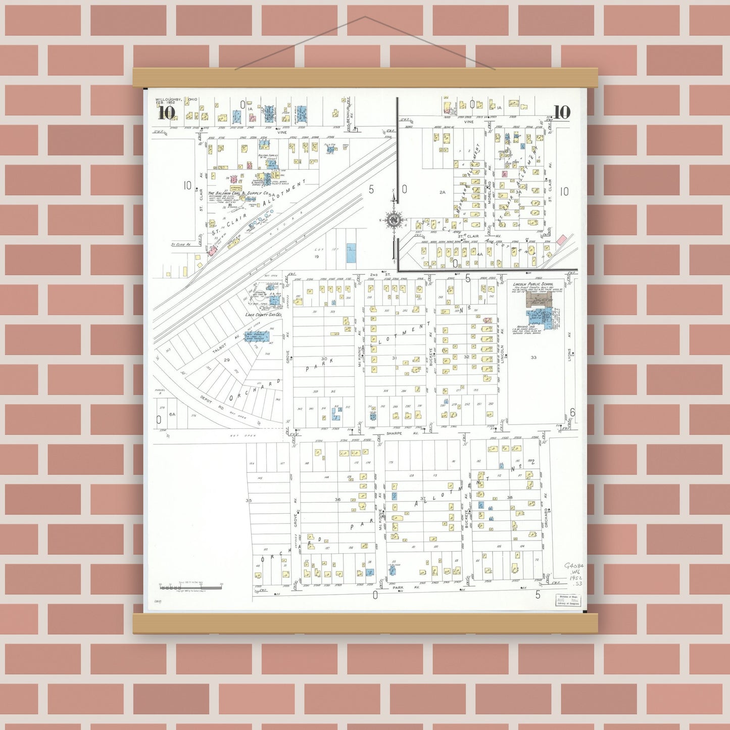 Old map wall art mockup — magnetic wood frame on brick wall — Sanborn Fire Insurance Map from Willoughby, Lake County, Ohio (1952), Sheet #0010