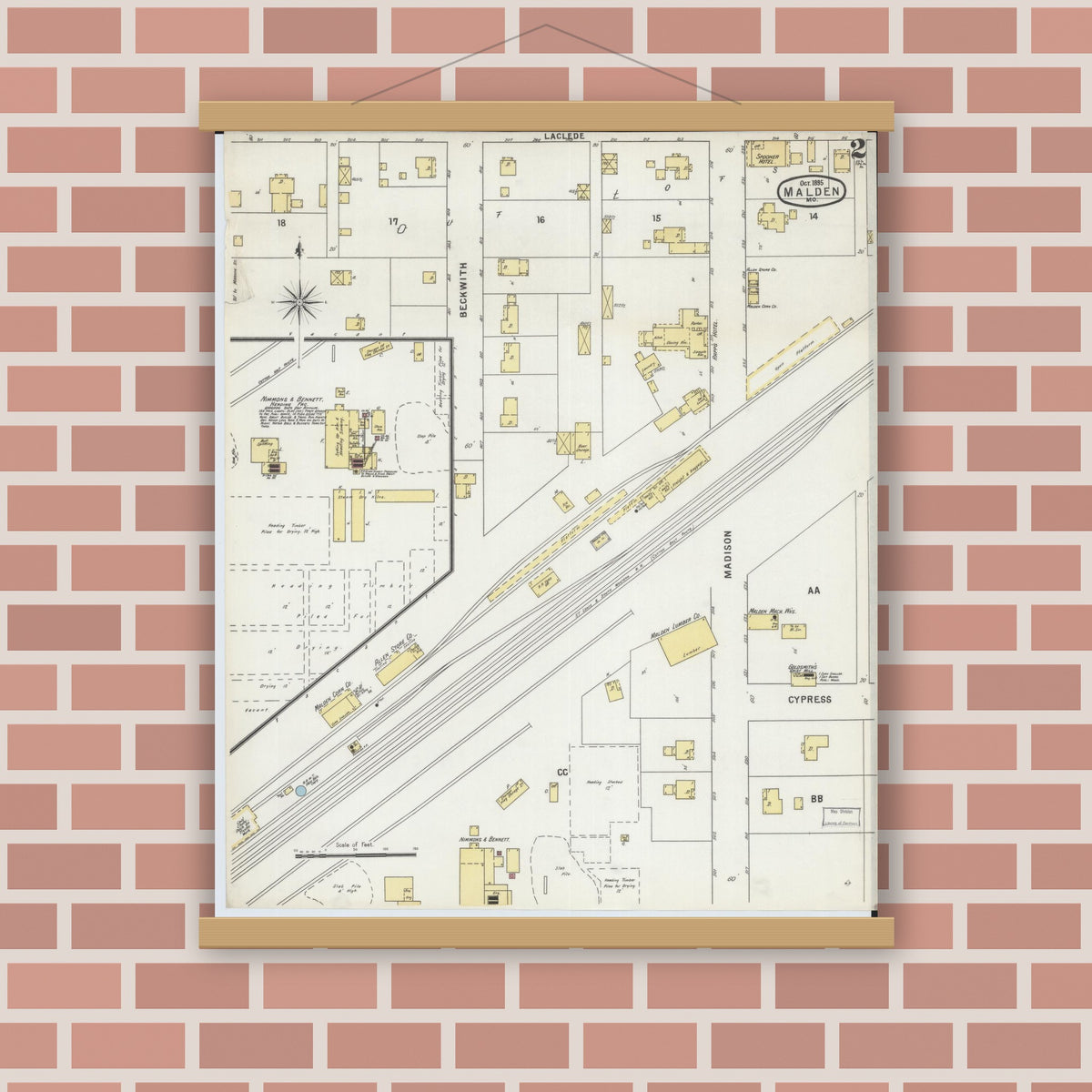 Old map wall art mockup — magnetic wood frame on brick wall — Sanborn Fire Insurance Map from Malden, Dunklin County, Missouri (1895), Sheet #0002