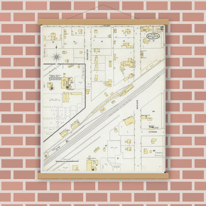 Old map wall art mockup — magnetic wood frame on brick wall — Sanborn Fire Insurance Map from Malden, Dunklin County, Missouri (1895), Sheet #0002