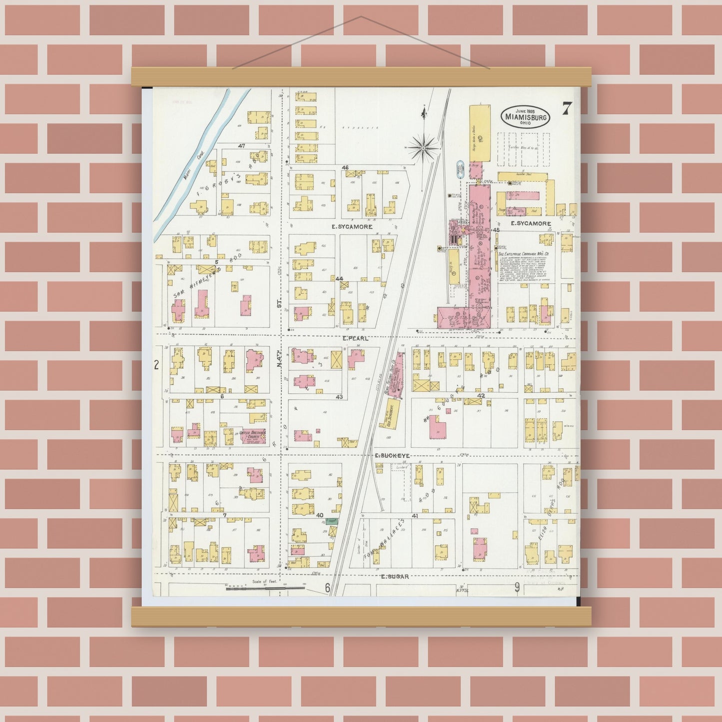 Old map wall art mockup — magnetic wood frame on brick wall — Sanborn Fire Insurance Map from Miamisburg, Montgomery County, Ohio (1905), Sheet #0007