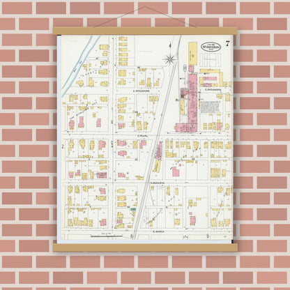 Old map wall art mockup — magnetic wood frame on brick wall — Sanborn Fire Insurance Map from Miamisburg, Montgomery County, Ohio (1905), Sheet #0007