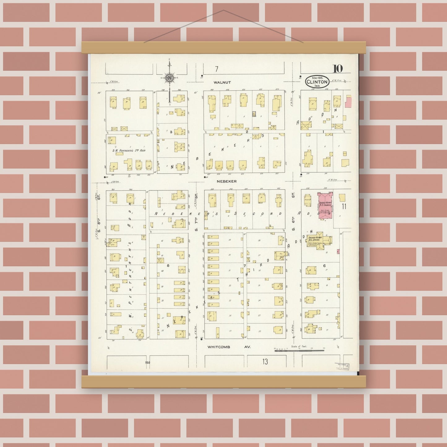 Old map wall art mockup — magnetic wood frame on brick wall — Sanborn Fire Insurance Map from Clinton, Vermillion County, Indiana (1915), Sheet #0010