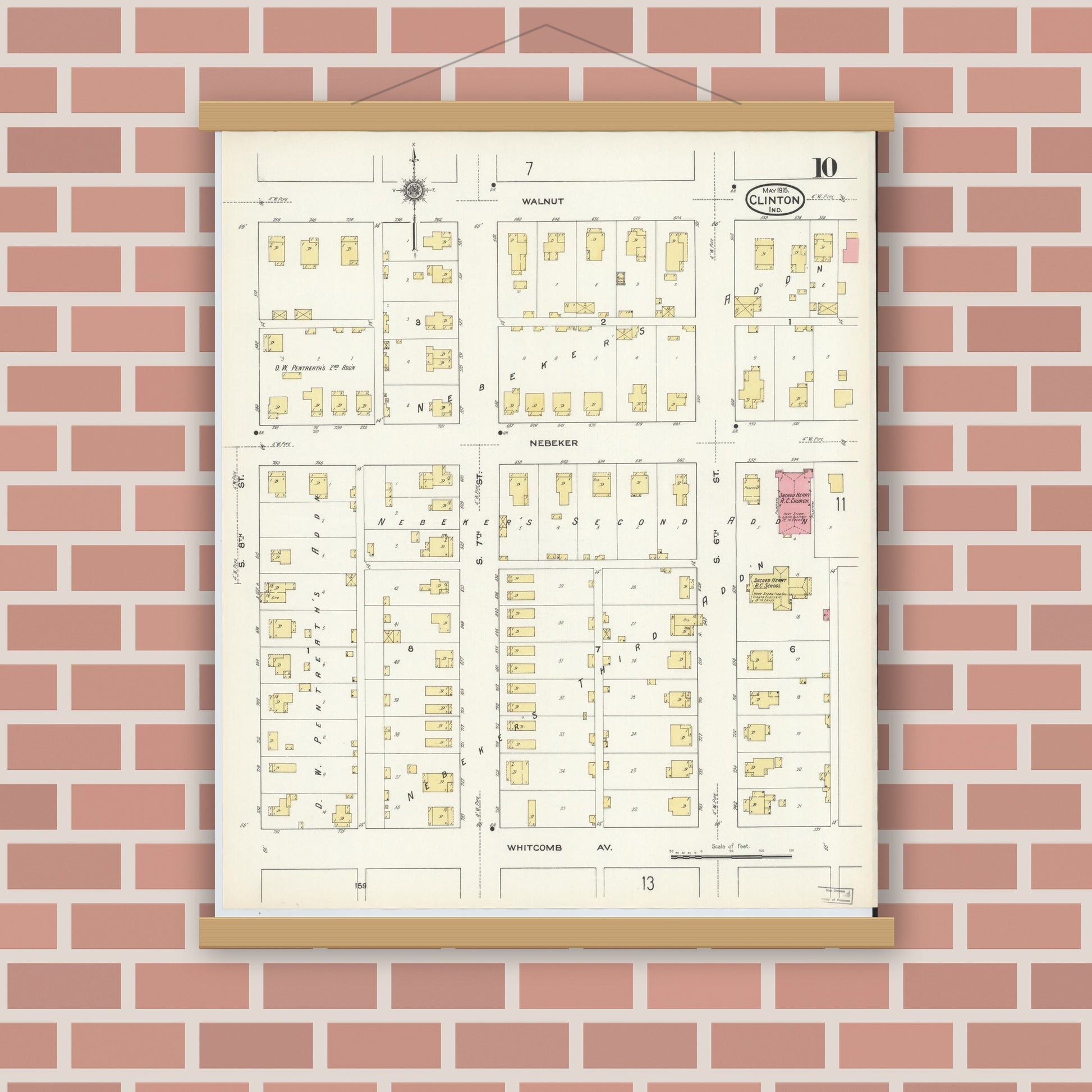 Old map wall art mockup — magnetic wood frame on brick wall — Sanborn Fire Insurance Map from Clinton, Vermillion County, Indiana (1915), Sheet #0010