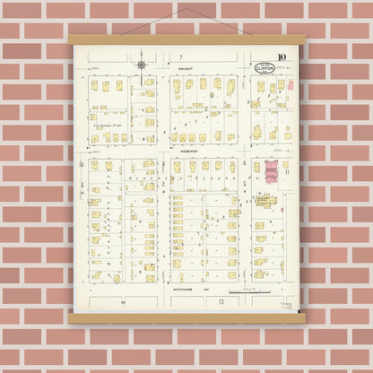 Old map wall art mockup — magnetic wood frame on brick wall — Sanborn Fire Insurance Map from Clinton, Vermillion County, Indiana (1915), Sheet #0010
