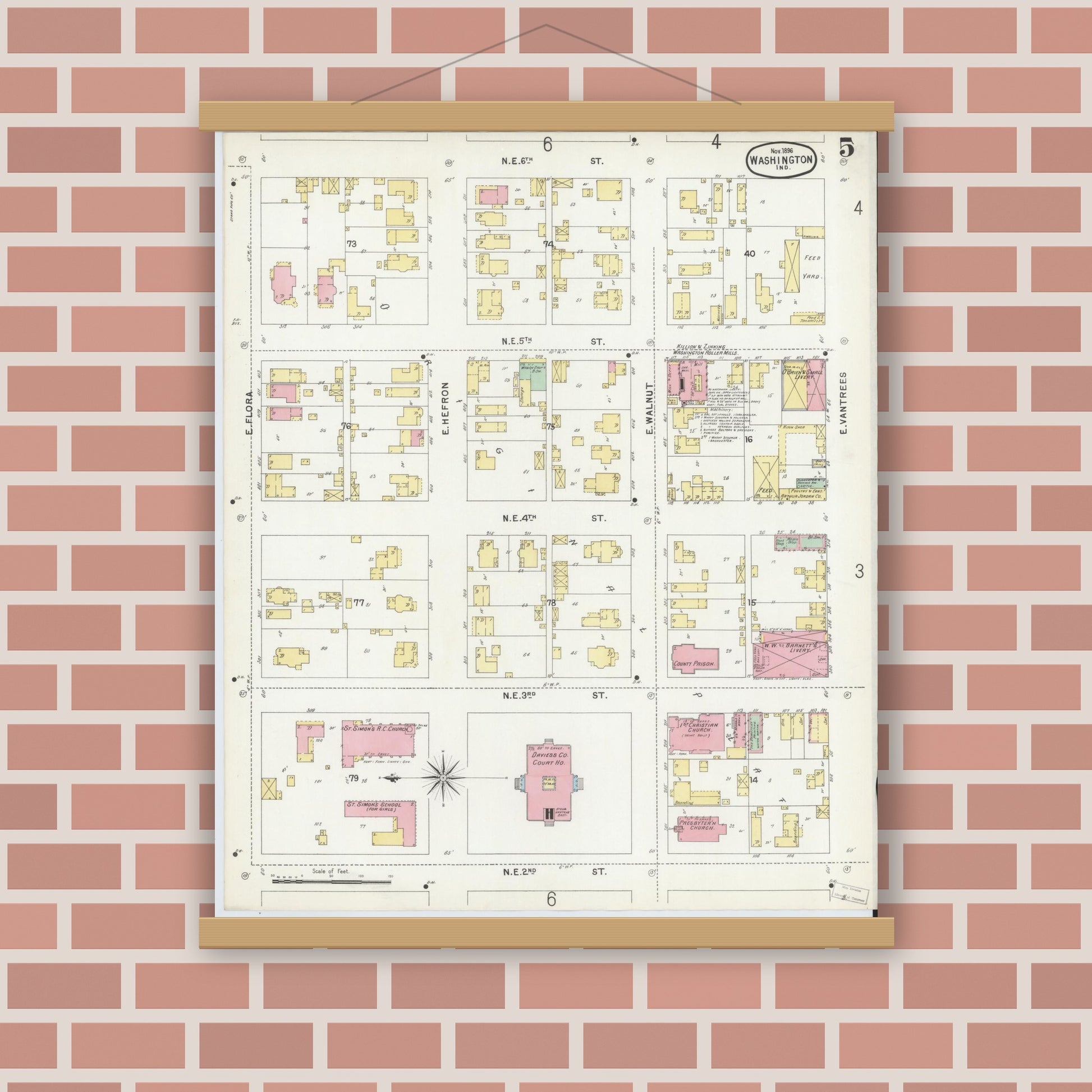 Old map wall art mockup — magnetic wood frame on brick wall — Sanborn Fire Insurance Map from Washington, Daviess County, Indiana (1896), Sheet #0005