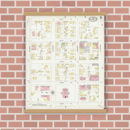 Old map wall art mockup — magnetic wood frame on brick wall — Sanborn Fire Insurance Map from Washington, Daviess County, Indiana (1896), Sheet #0005