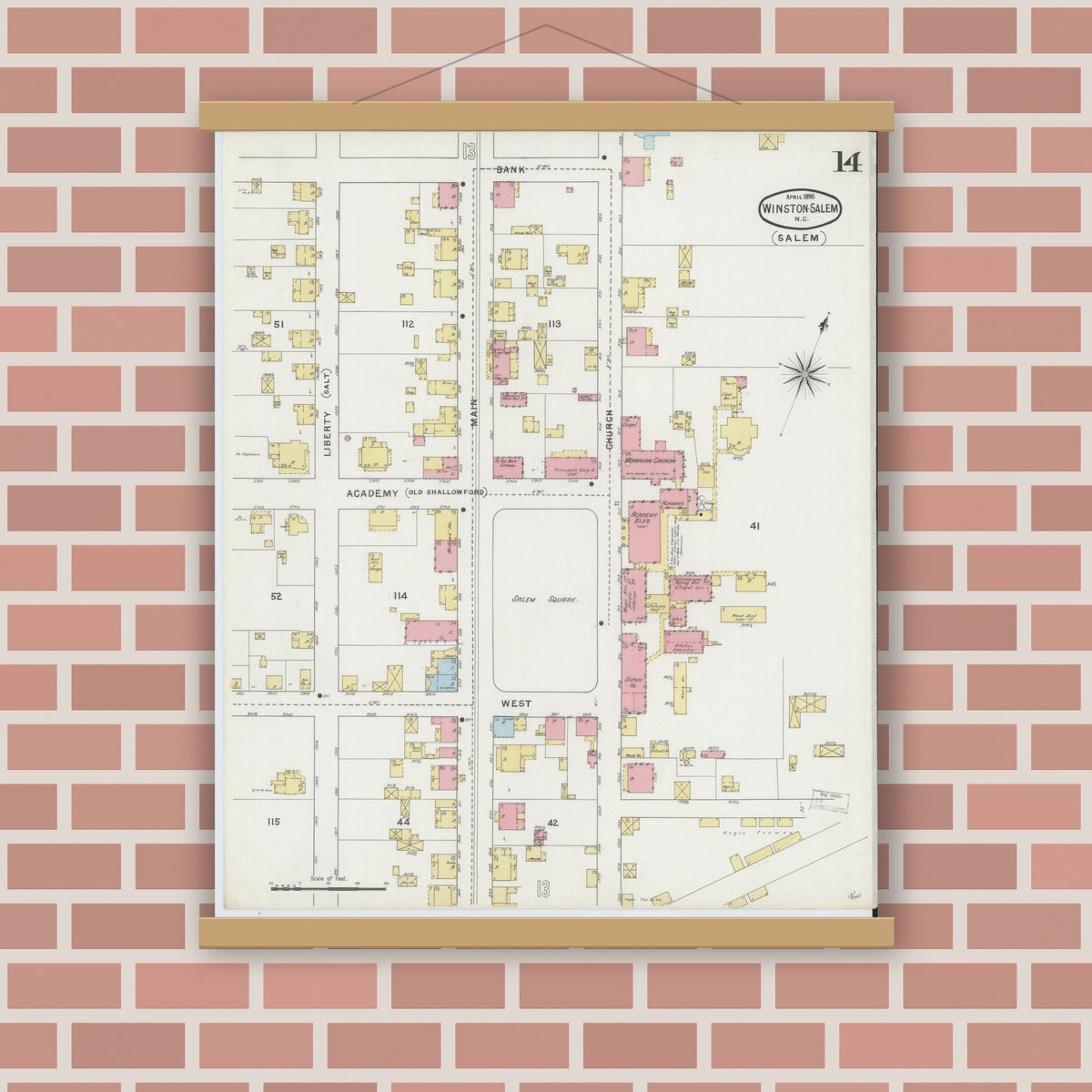 Old map wall art mockup — magnetic wood frame on brick wall — Sanborn Fire Insurance Map from Winston-Salem, Forsyth County, North Carolina (1895), Sheet #0014