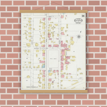 Old map wall art mockup — magnetic wood frame on brick wall — Sanborn Fire Insurance Map from Winston-Salem, Forsyth County, North Carolina (1895), Sheet #0014