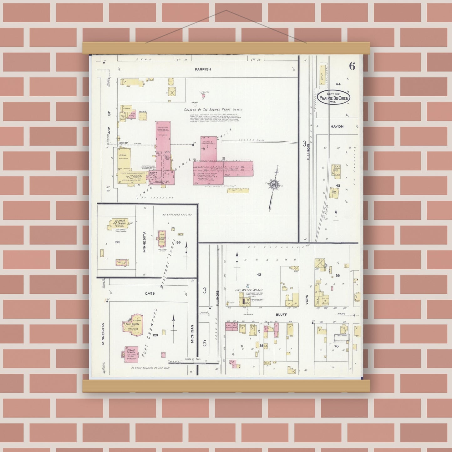 Old map wall art mockup — magnetic wood frame on brick wall — Sanborn Fire Insurance Map from Prairie du Chien, Crawford County, Wisconsin (1912), Sheet #0006