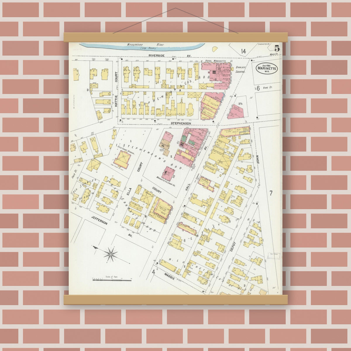 Old map wall art mockup — magnetic wood frame on brick wall — Sanborn Fire Insurance Map from Marinette, Marinette County, Wisconsin (1901), Sheet #0005