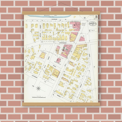 Old map wall art mockup — magnetic wood frame on brick wall — Sanborn Fire Insurance Map from Marinette, Marinette County, Wisconsin (1901), Sheet #0005