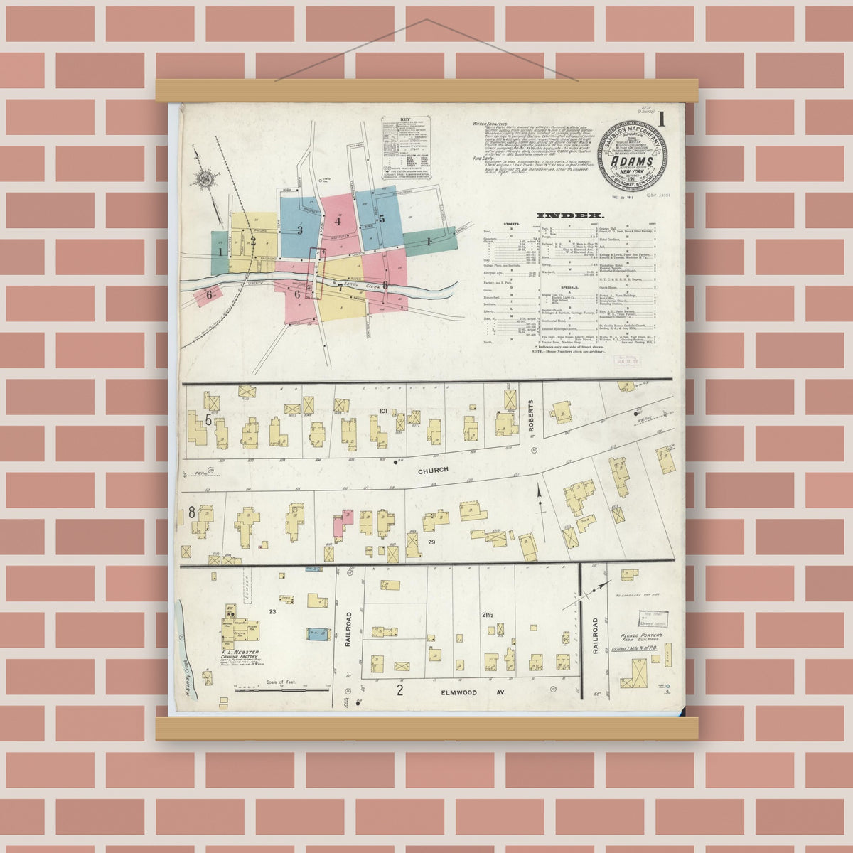 Old map wall art mockup — magnetic wood frame on brick wall — Sanborn Fire Insurance Map from Adams, Jefferson County, New York (1911) - Complete Map Set