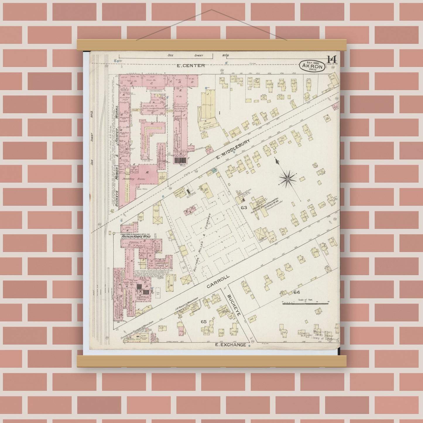 Old map wall art mockup — magnetic wood frame on brick wall — Sanborn Fire Insurance Map from Akron, Summit County, Ohio (1886), Sheet #0014