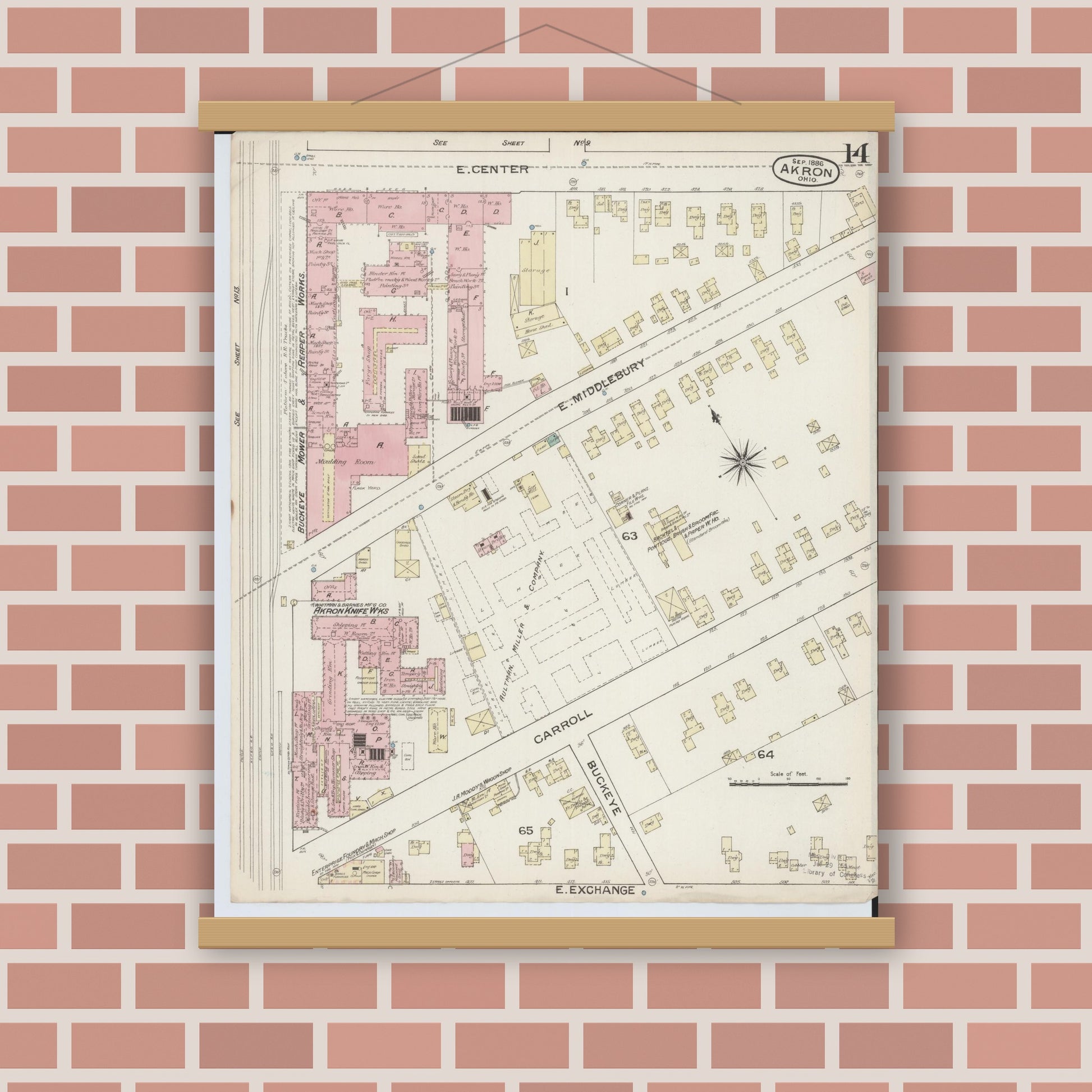 Old map wall art mockup — magnetic wood frame on brick wall — Sanborn Fire Insurance Map from Akron, Summit County, Ohio (1886), Sheet #0014