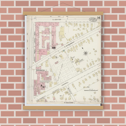 Old map wall art mockup — magnetic wood frame on brick wall — Sanborn Fire Insurance Map from Akron, Summit County, Ohio (1886), Sheet #0014