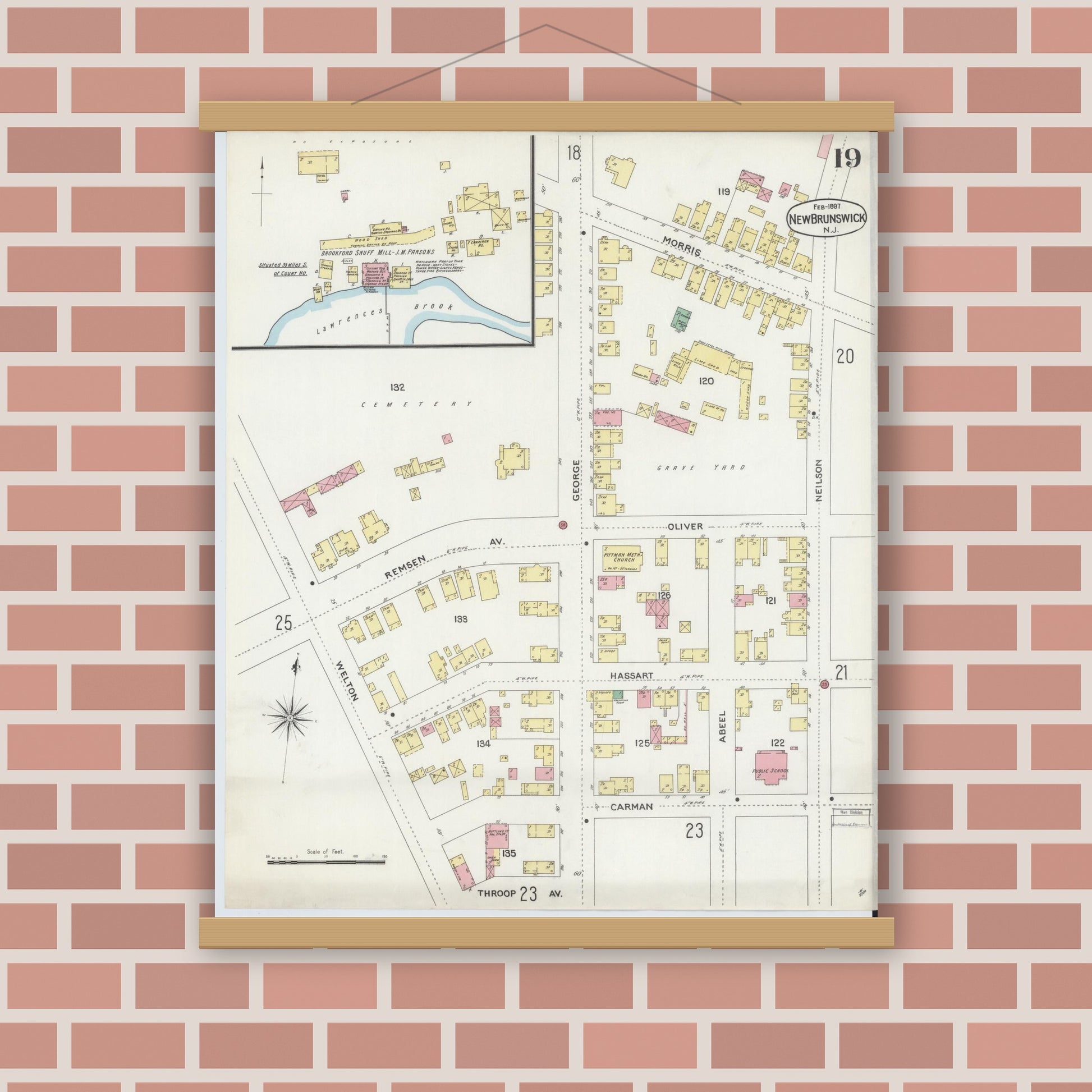Old map wall art mockup — magnetic wood frame on brick wall — Sanborn Fire Insurance Map from New Brunswick, Middlesex County, New Jersey (1897), Sheet #0019