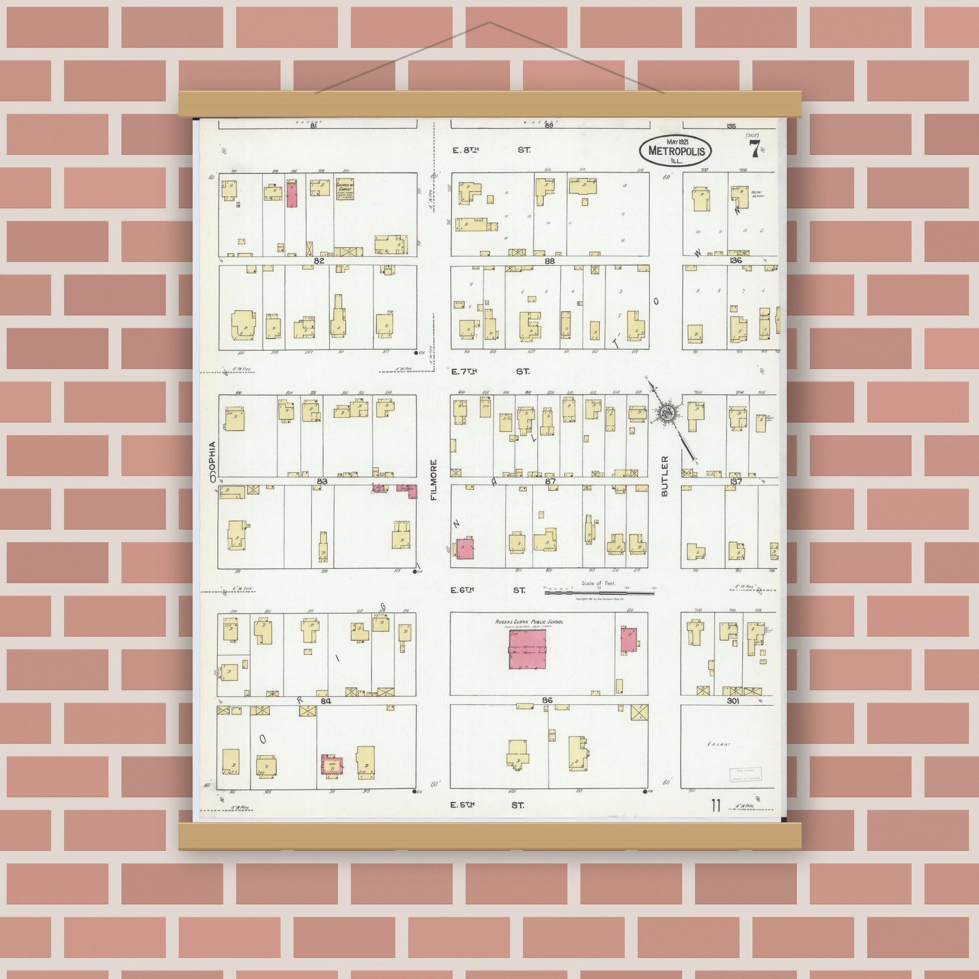Old map wall art mockup — magnetic wood frame on brick wall — Sanborn Fire Insurance Map from Metropolis, Massac County, Illinois (1921), Sheet #0007