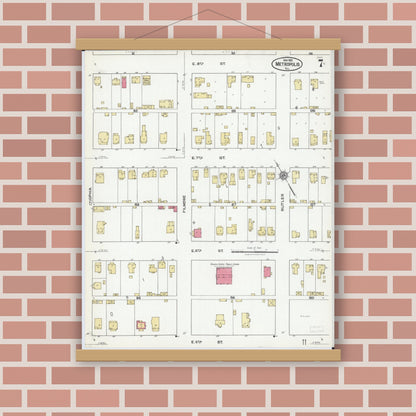 Old map wall art mockup — magnetic wood frame on brick wall — Sanborn Fire Insurance Map from Metropolis, Massac County, Illinois (1921), Sheet #0007