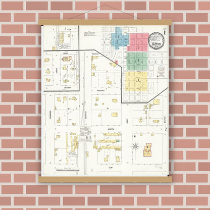 Old map wall art mockup — magnetic wood frame on brick wall — Sanborn Fire Insurance Map from Clarion, Wright County, Iowa (1900), Sheet #0001