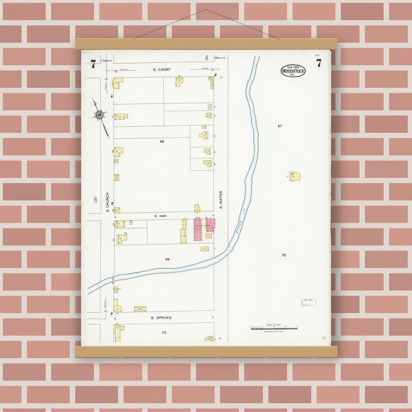 Old map wall art mockup — magnetic wood frame on brick wall — Sanborn Fire Insurance Map from Woodstock, Shenandoah County, Virginia (1924), Sheet #0007
