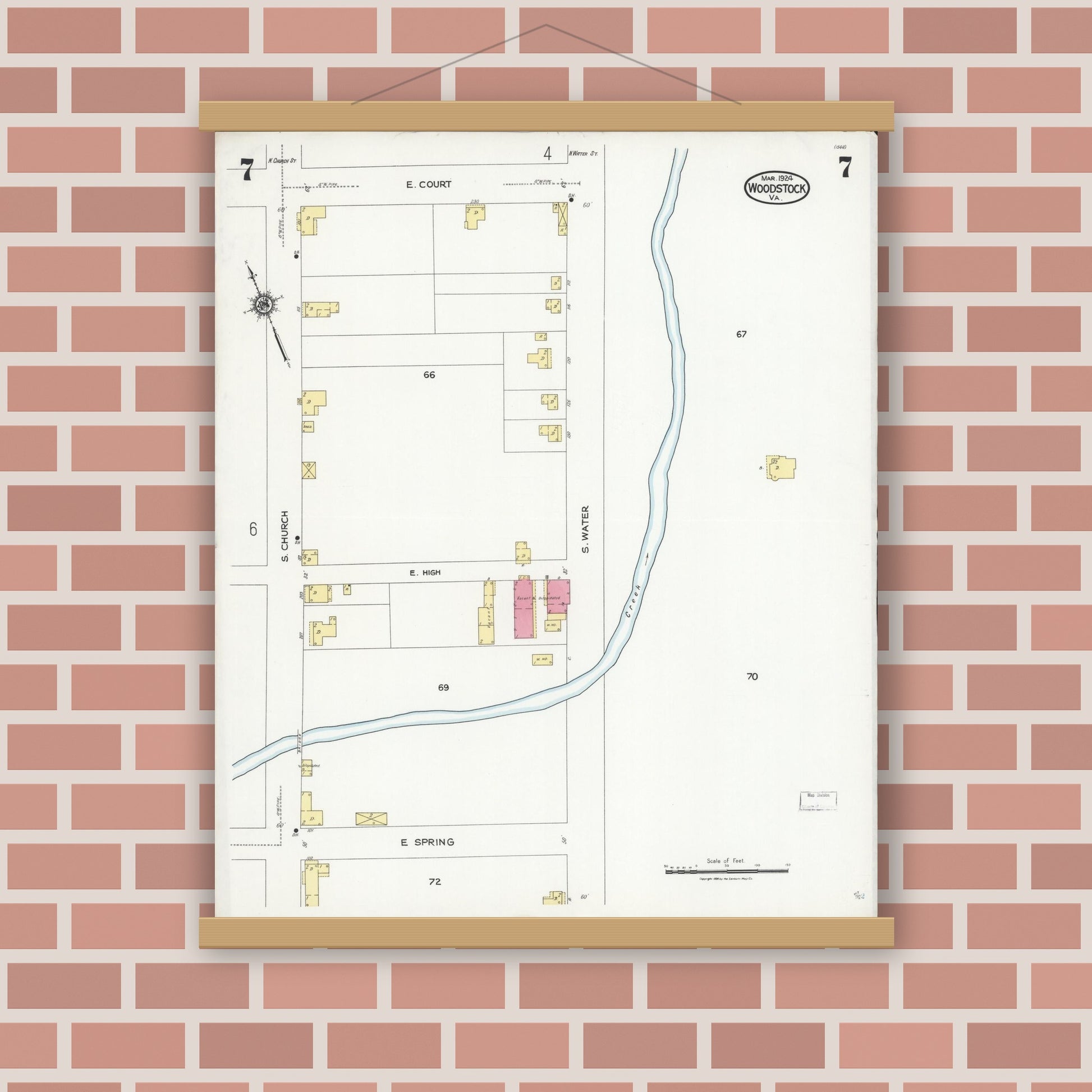 Old map wall art mockup — magnetic wood frame on brick wall — Sanborn Fire Insurance Map from Woodstock, Shenandoah County, Virginia (1924), Sheet #0007