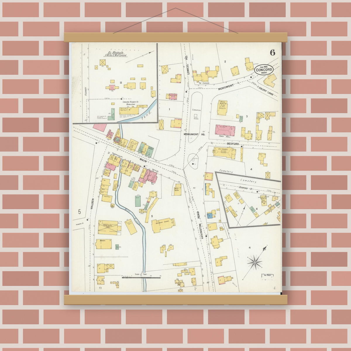 Old map wall art mockup — magnetic wood frame on brick wall — Sanborn Fire Insurance Map from Concord, Middlesex County, Massachusetts (1903), Sheet #0006