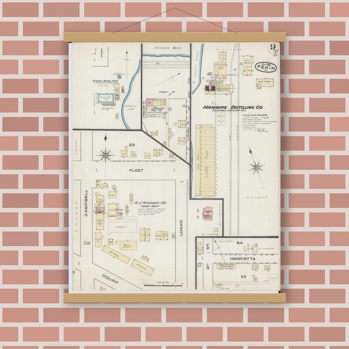 Old map wall art mockup — magnetic wood frame on brick wall — Sanborn Fire Insurance Map from Pekin, Tazewell County, Illinois (1885), Sheet #0009