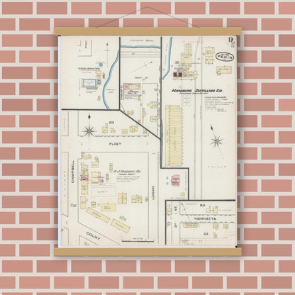Old map wall art mockup — magnetic wood frame on brick wall — Sanborn Fire Insurance Map from Pekin, Tazewell County, Illinois (1885), Sheet #0009