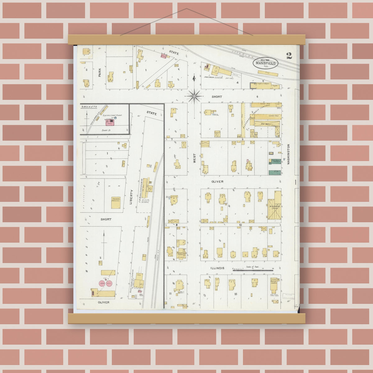 Old map wall art mockup — magnetic wood frame on brick wall — Sanborn Fire Insurance Map from Mansfield, Piatt County, Illinois (1906), Sheet #0002