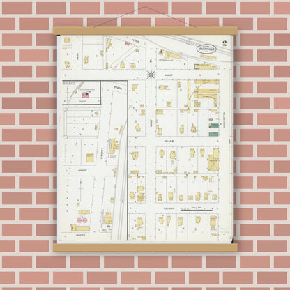 Old map wall art mockup — magnetic wood frame on brick wall — Sanborn Fire Insurance Map from Mansfield, Piatt County, Illinois (1906), Sheet #0002