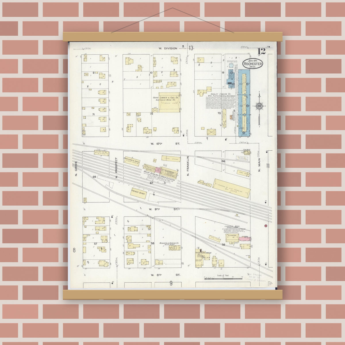 Old map wall art mockup — magnetic wood frame on brick wall — Sanborn Fire Insurance Map from Rochester, Olmsted County, Minnesota (1914), Sheet #0012
