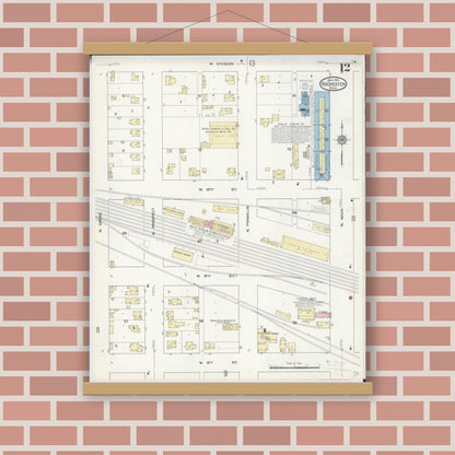 Old map wall art mockup — magnetic wood frame on brick wall — Sanborn Fire Insurance Map from Rochester, Olmsted County, Minnesota (1914), Sheet #0012