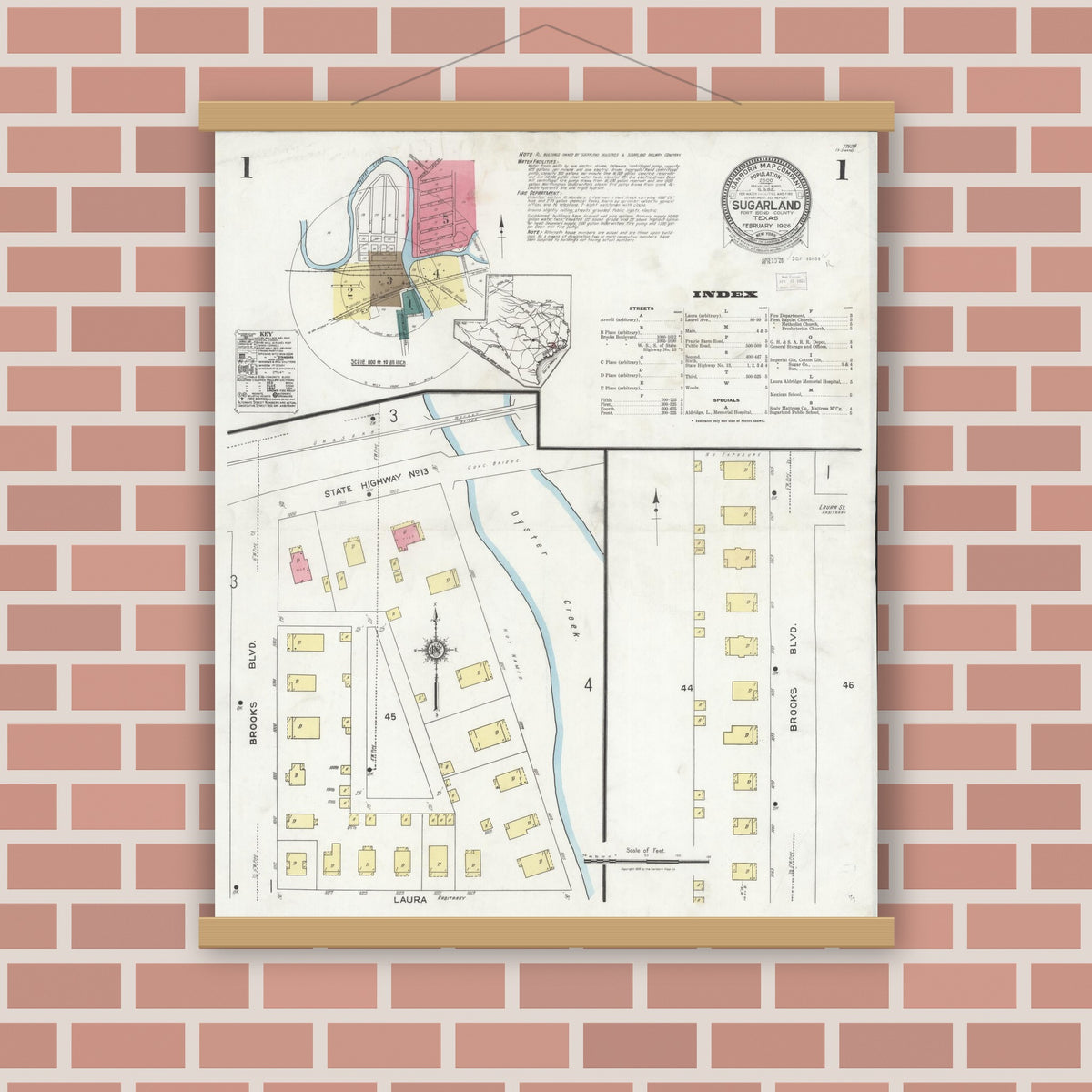 Old map wall art mockup — magnetic wood frame on brick wall — Sanborn Fire Insurance Map from Sugarland, Fort Bend County, Texas (1926) - Complete Map Set
