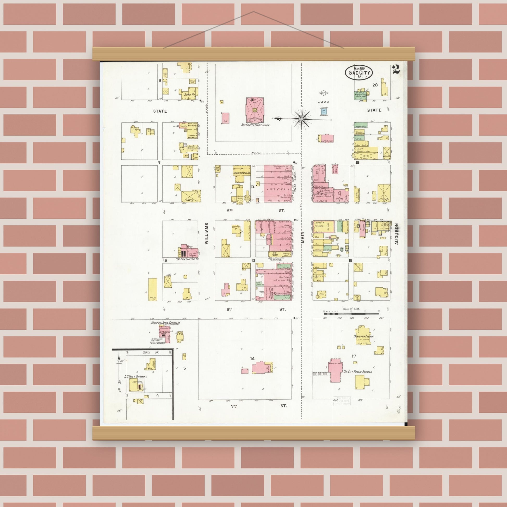 Old map wall art mockup — magnetic wood frame on brick wall — Sanborn Fire Insurance Map from Sac City, Sac County, Iowa (1899), Sheet #0002