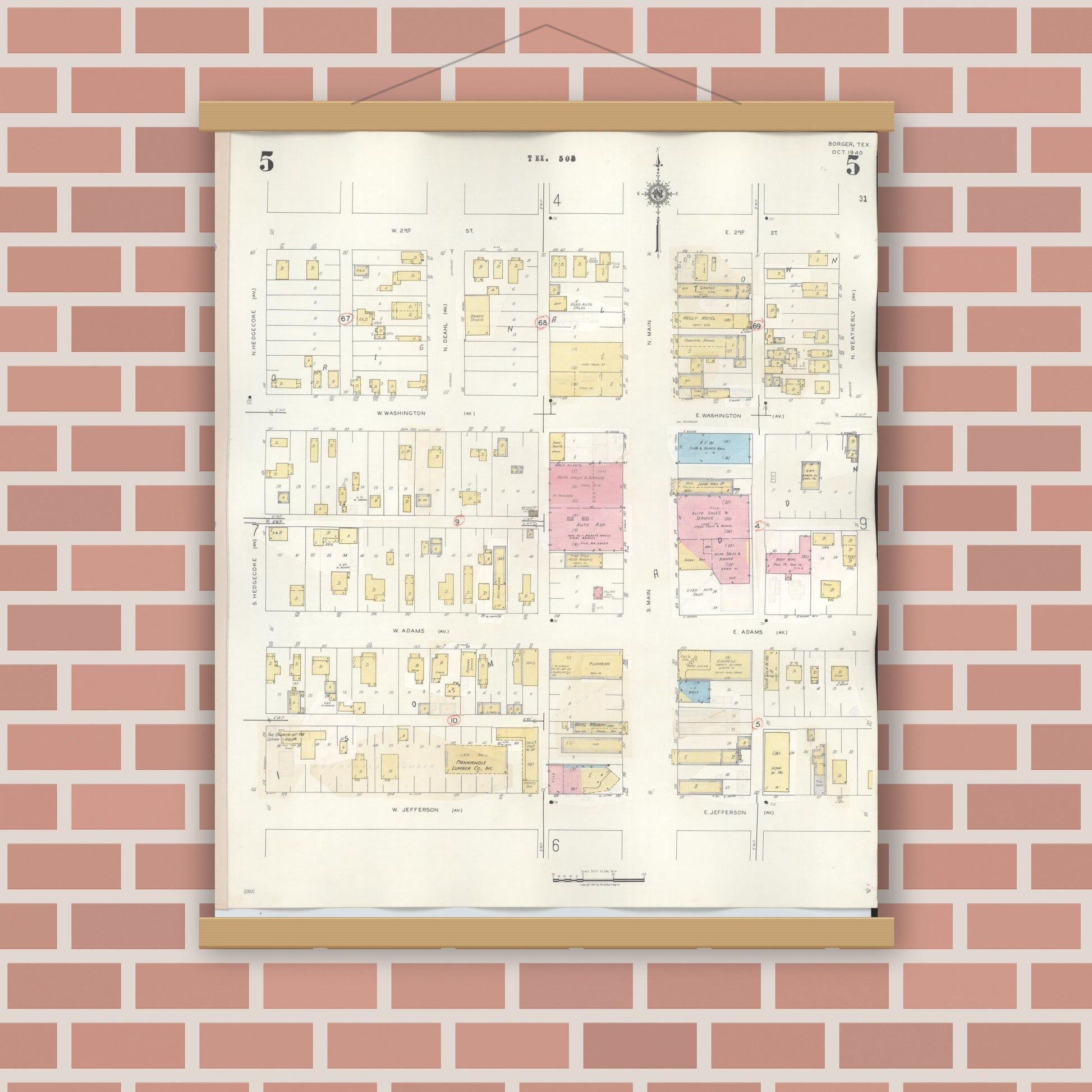 Old map wall art mockup — magnetic wood frame on brick wall — Sanborn Fire Insurance Map from Borger, Hutchinson County, Texas (1950), Sheet #0005