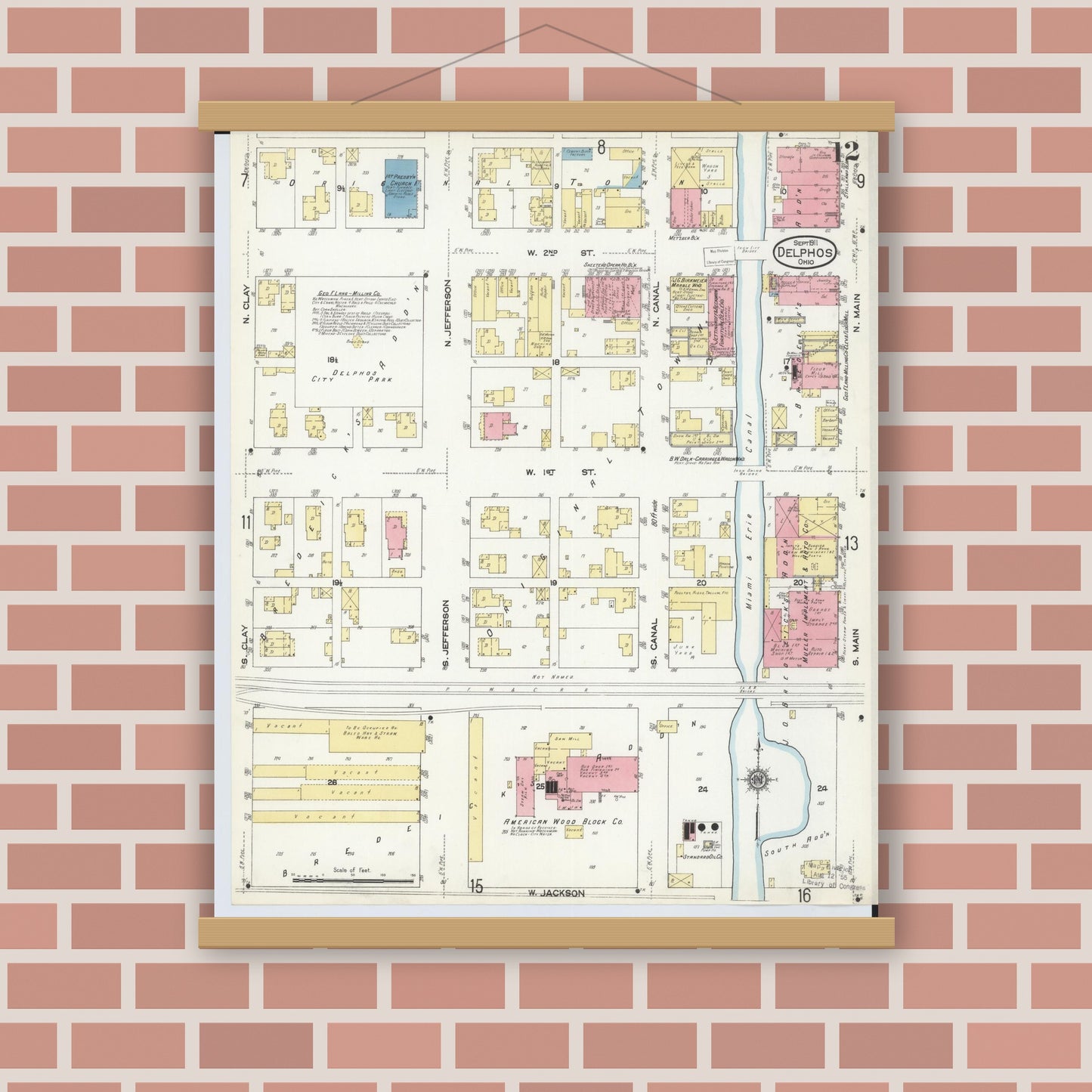 Old map wall art mockup — magnetic wood frame on brick wall — Sanborn Fire Insurance Map from Delphos, Van Wert And Allen Counties, Ohio (1911), Sheet #0012