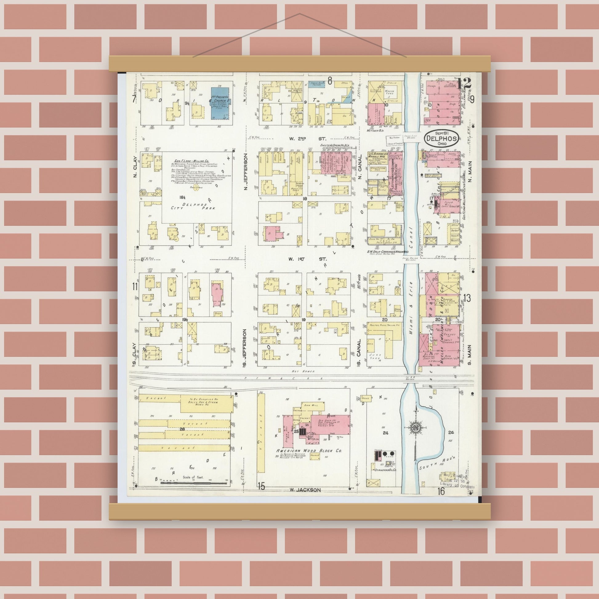Old map wall art mockup — magnetic wood frame on brick wall — Sanborn Fire Insurance Map from Delphos, Van Wert And Allen Counties, Ohio (1911), Sheet #0012