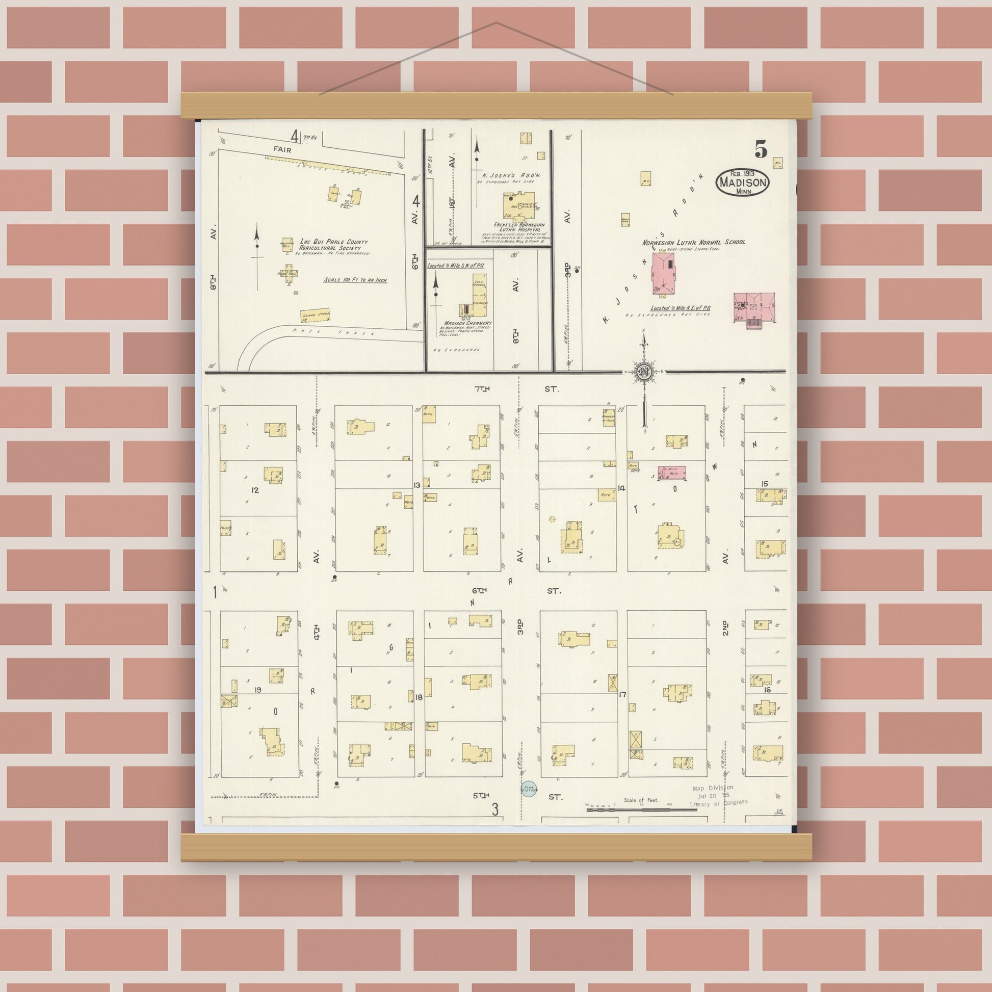 Old map wall art mockup — magnetic wood frame on brick wall — Sanborn Fire Insurance Map from Madison, Lac Qui Parle County, Minnesota (1913), Sheet #0005