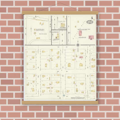 Old map wall art mockup — magnetic wood frame on brick wall — Sanborn Fire Insurance Map from Madison, Lac Qui Parle County, Minnesota (1913), Sheet #0005